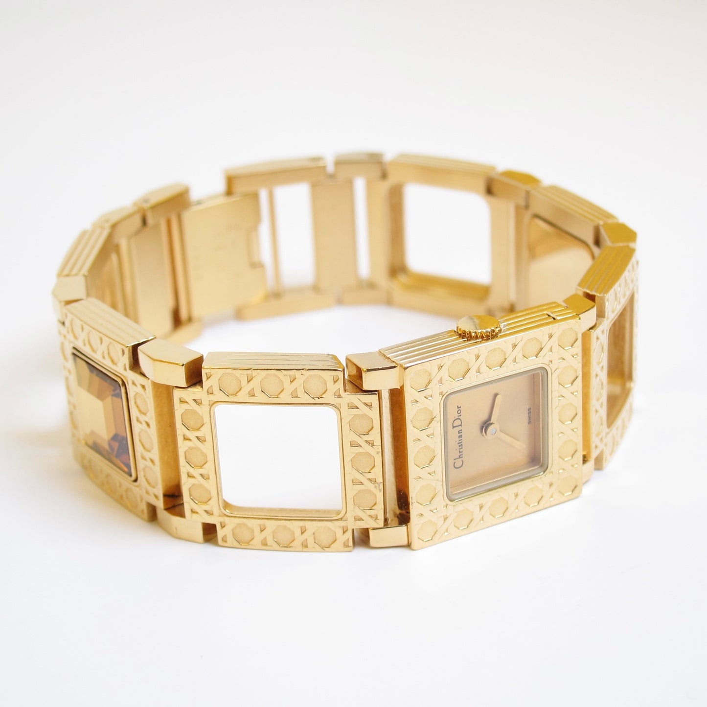 Christian Dior Vintage La Parisienne D60-159 Gold Cannage Bracelet with Removable Yellow Stone Watch