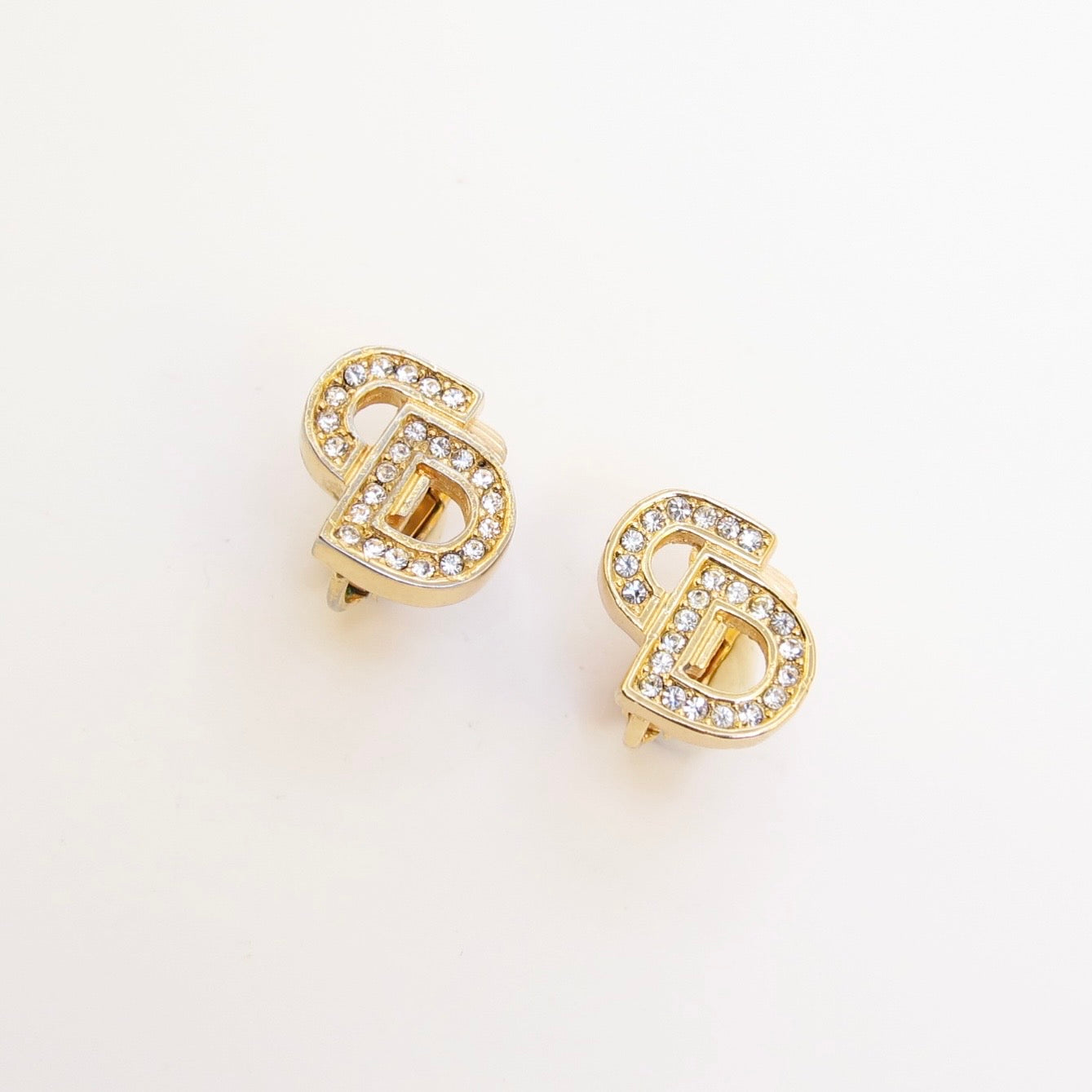 Christian Dior Vintage CD Logo with Rhinestone Golden Clip-on Earrings