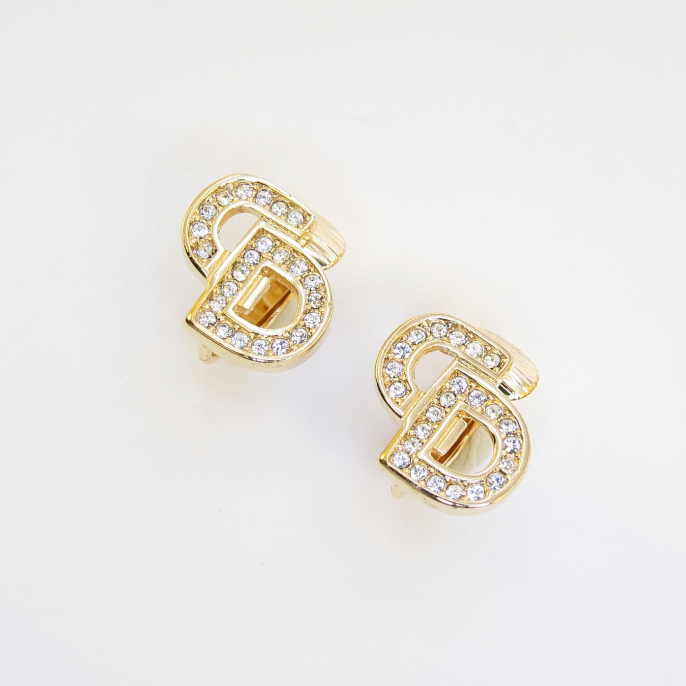 Christian Dior Vintage CD Logo with Rhinestone Golden Clip-on Earrings