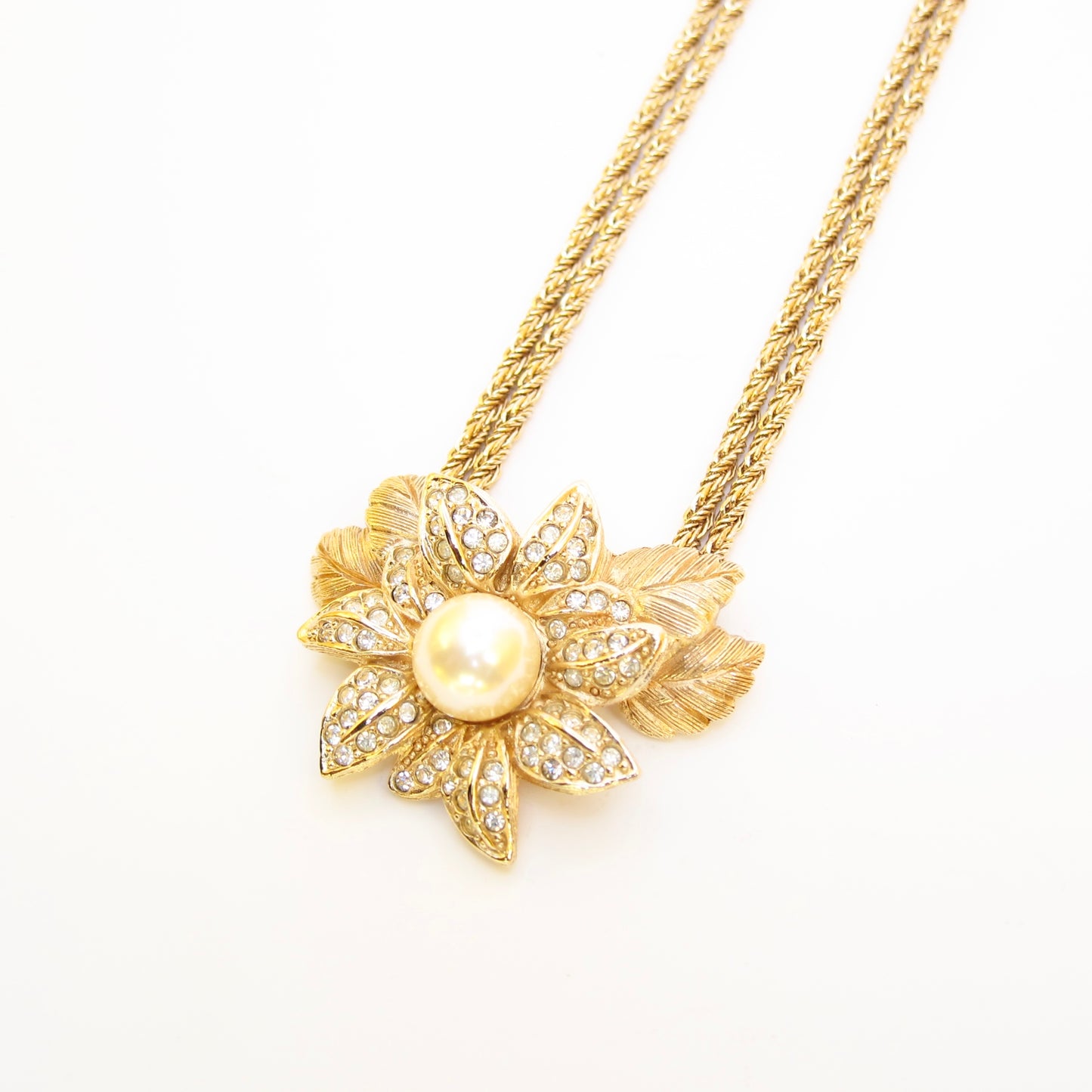 Christian Dior Vintage Flower Motif with Pearl and Rhinestone Golden Necklace
