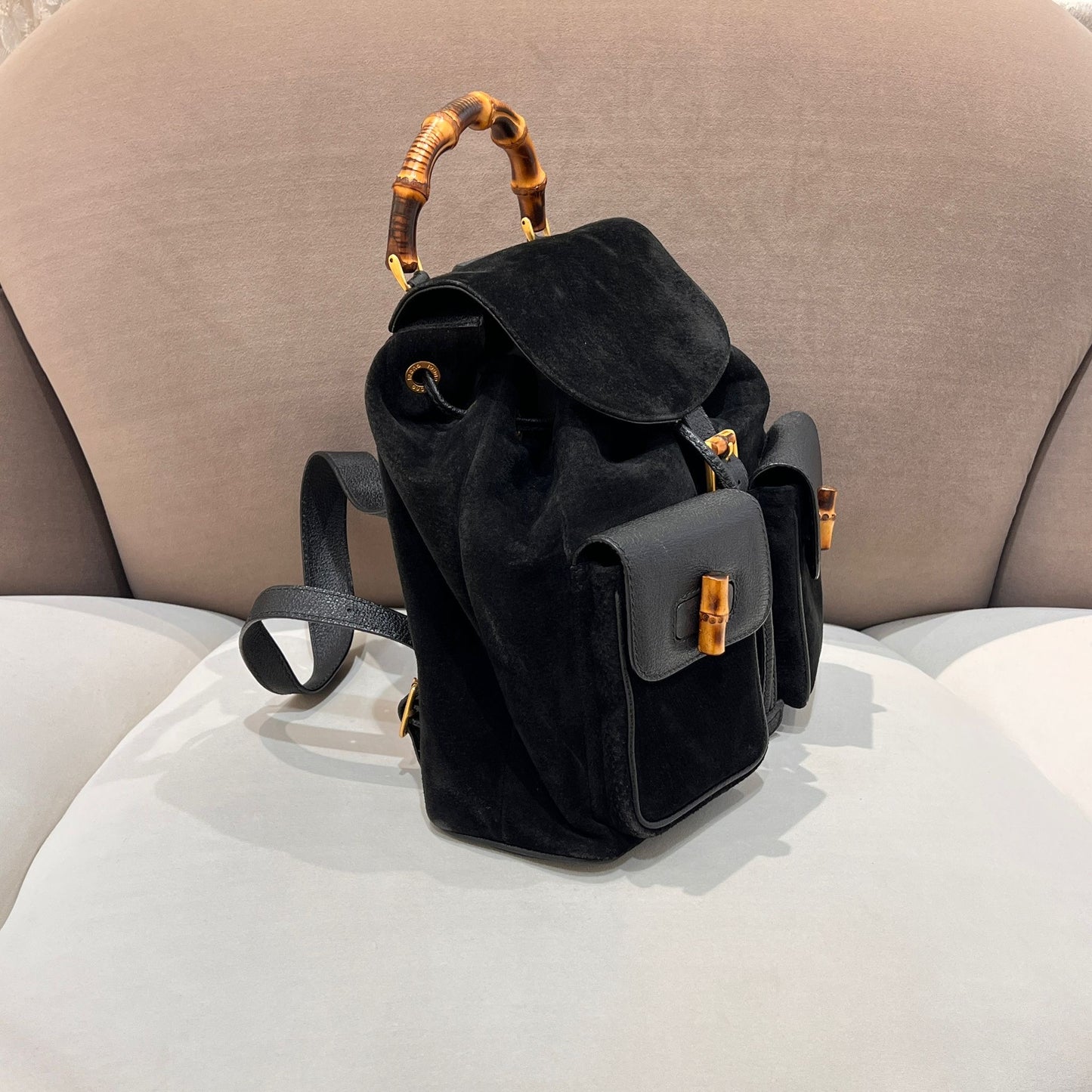 Gucci Vintage Black Suede Bamboo Backpack