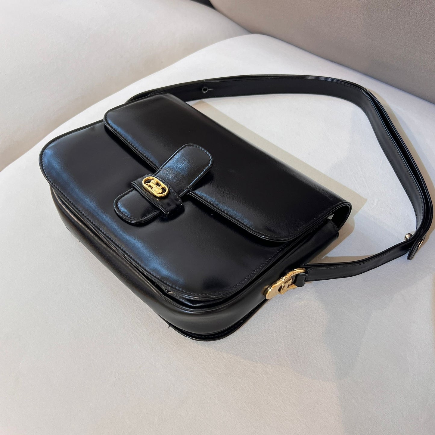Celine Vintage Horse Carriage Black Leather Shoulder Bag