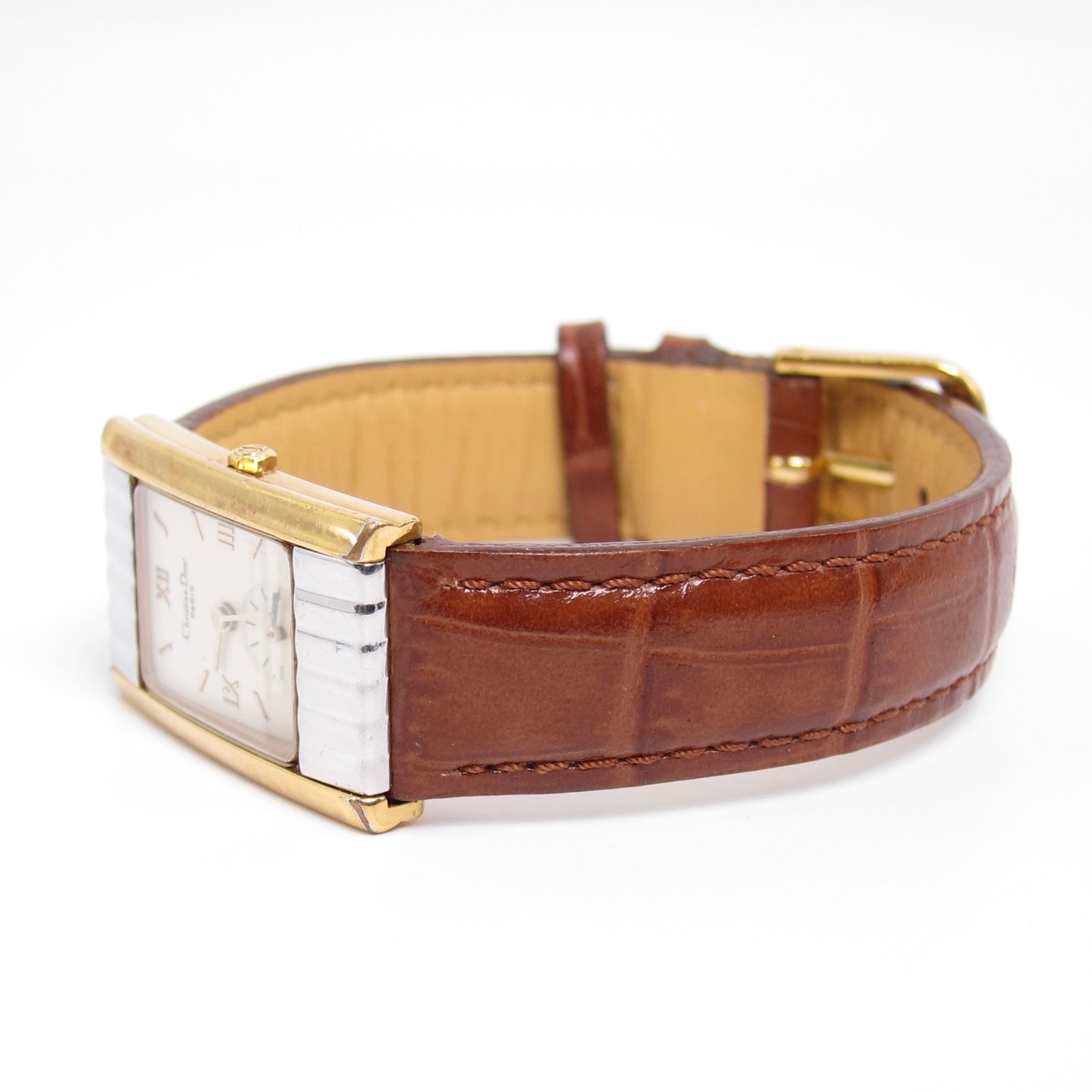 Christian Dior Vintage Tank Rectangle White Face with Leather Strap Two Tone Watch