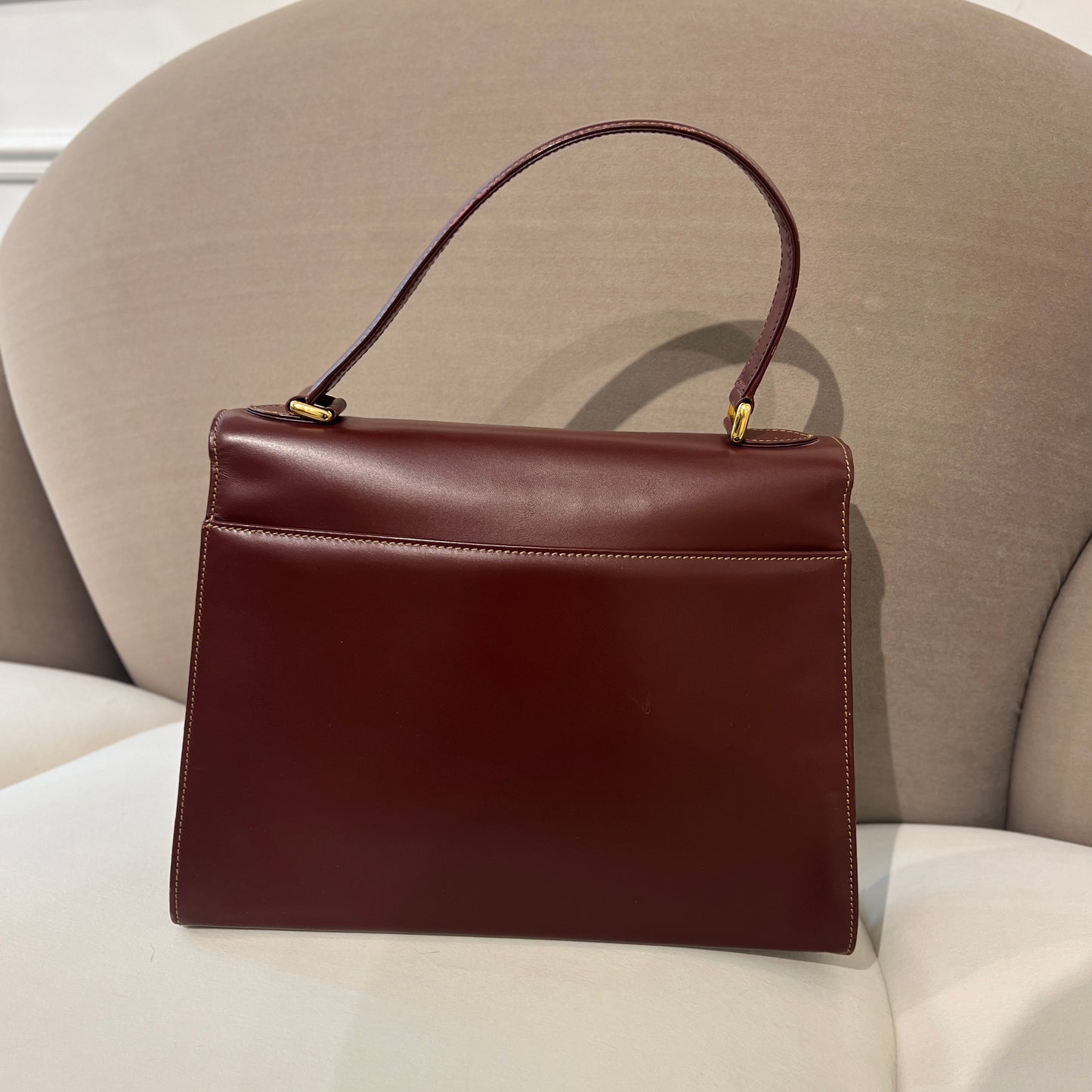 Cartier Vintage Golden Buckle Burgundy Red Leather Top Handle Handbag