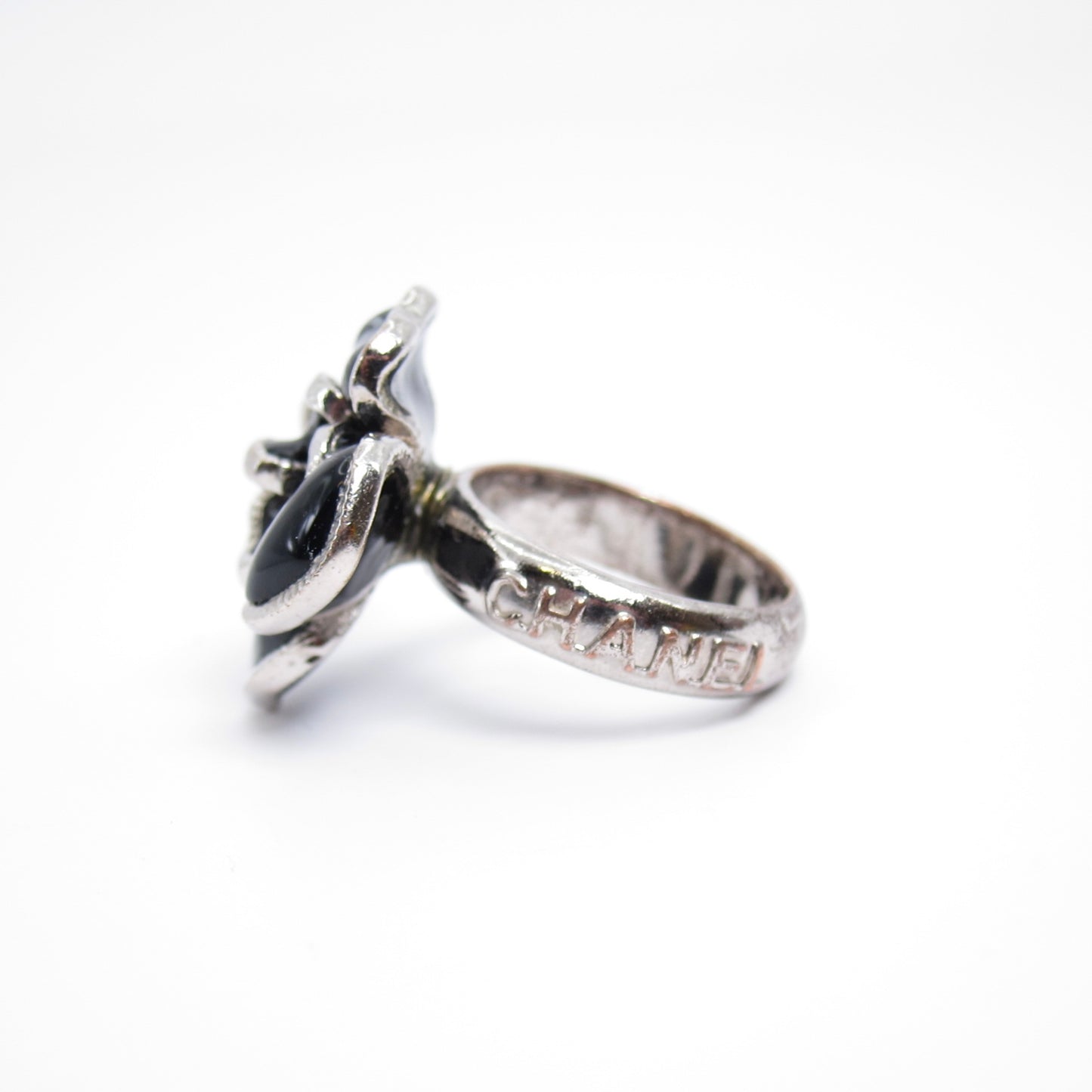 Chanel Vintage CC Logo Black Camellia Silver Ring