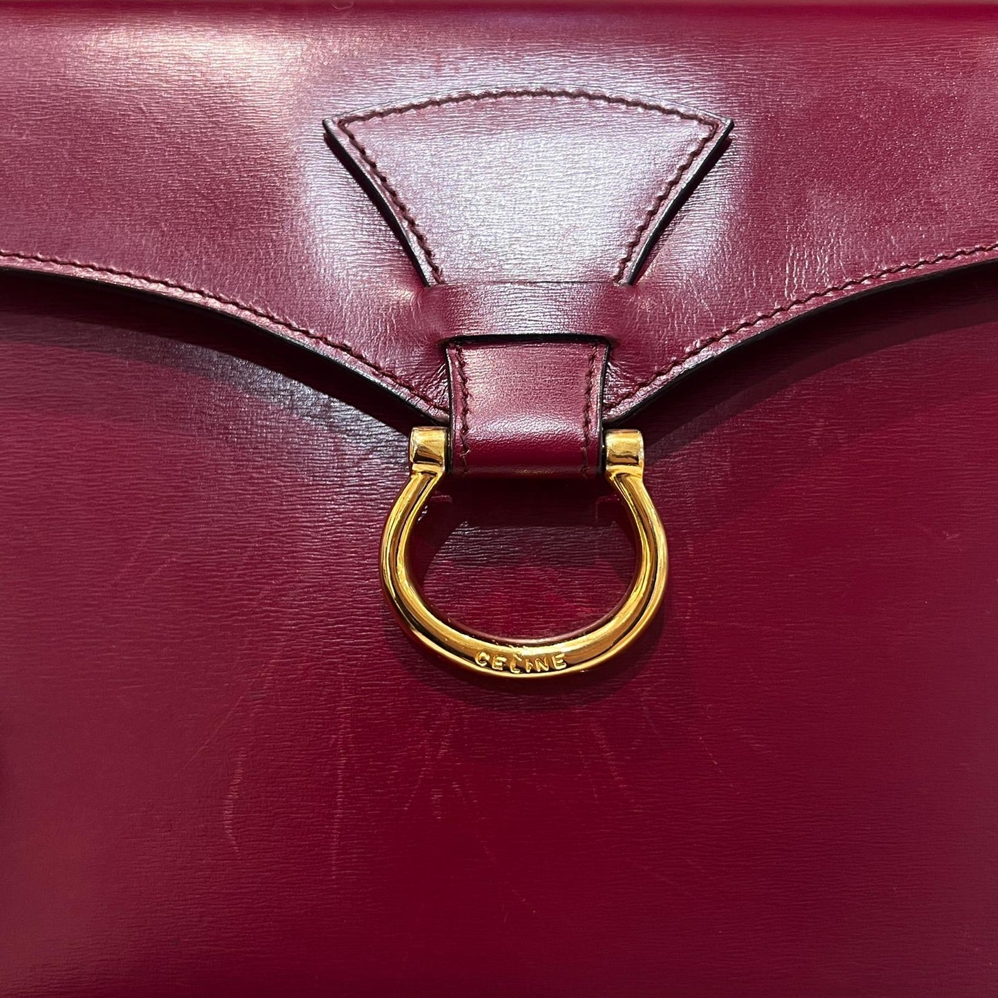 Celine Vintage Burgundy Leather Gold Ring Top Handle Bag