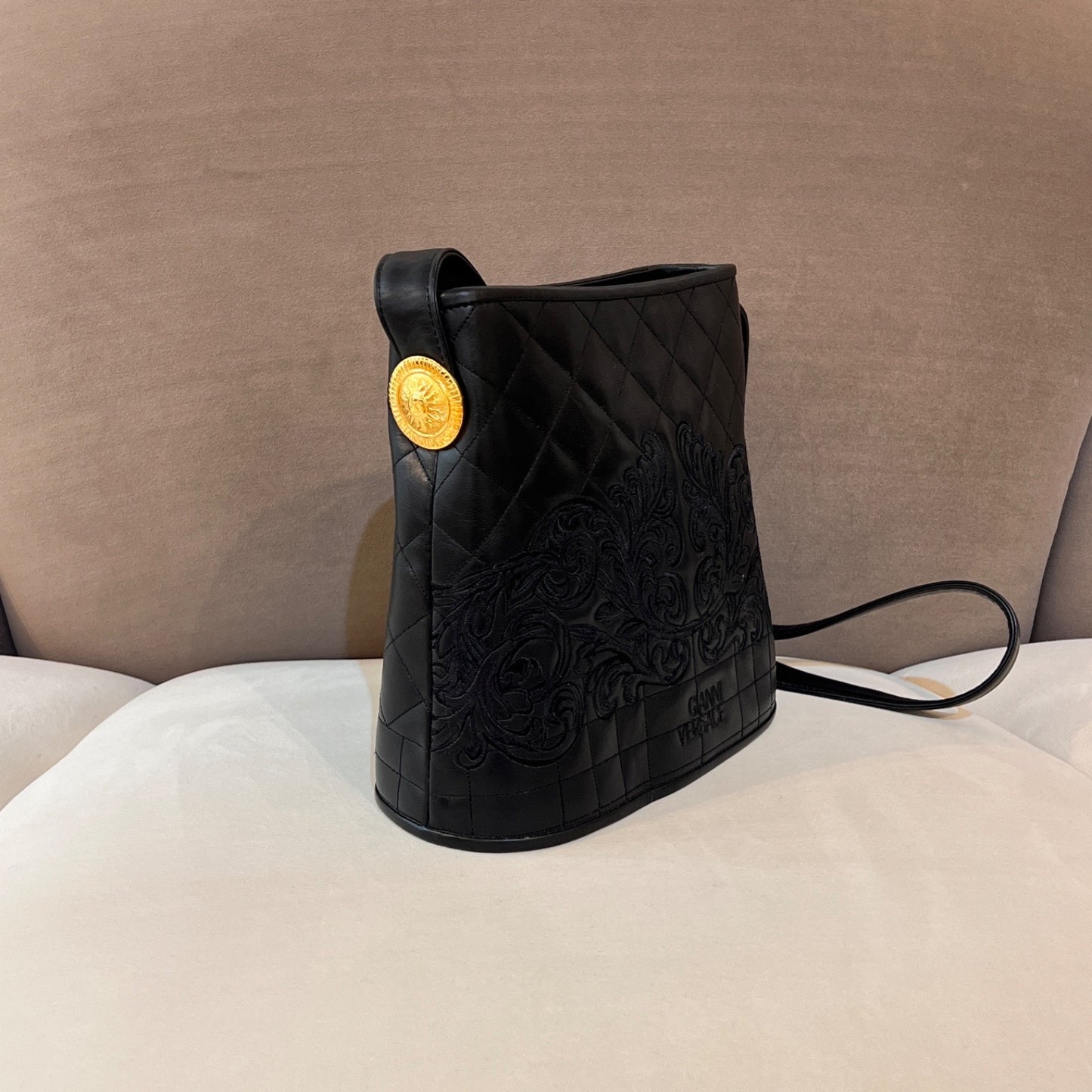 Versace Vintage Quilted Leather Baroque Bucket Shoulder Bag Black