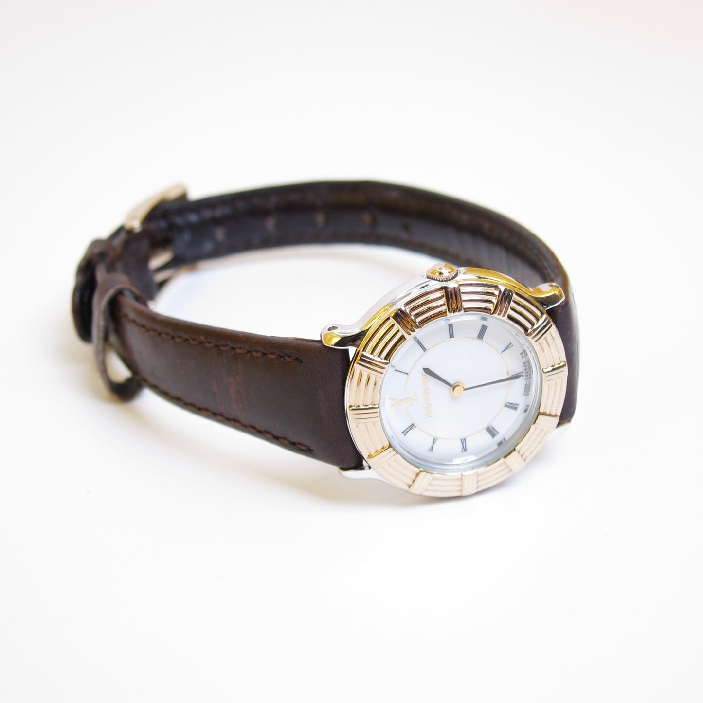 Yves Saint Laurent Vintage Round White Face with Black Leather Strap Two Tone Watch