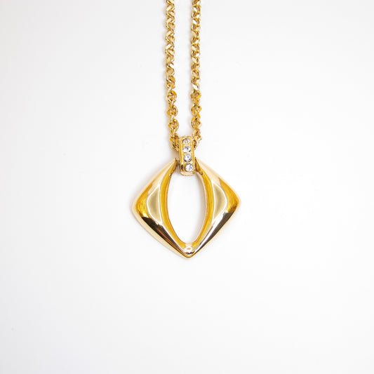 Yves Saint Laurent Vintage Rhombus and Rhinestone Pendant Golden Long Necklace