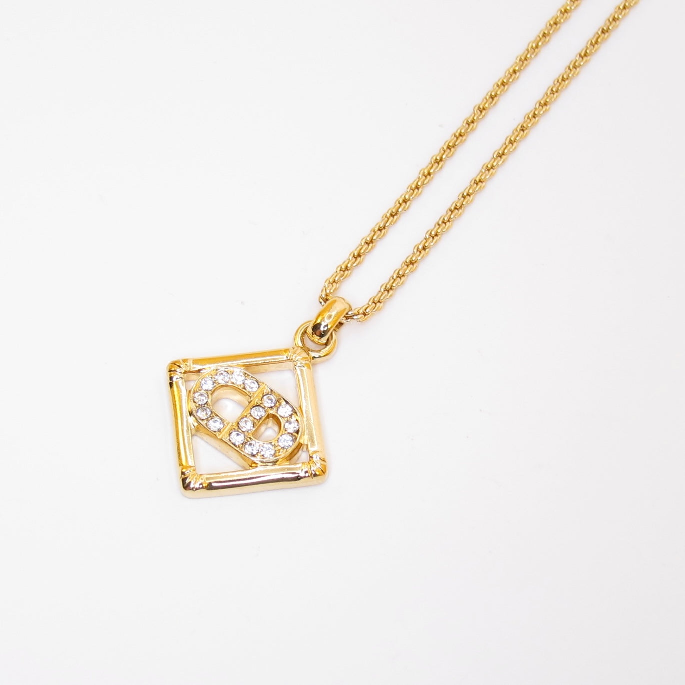 Christian Dior Vintage CD Logo with Rhinestone in Rhombus Golden Necklace
