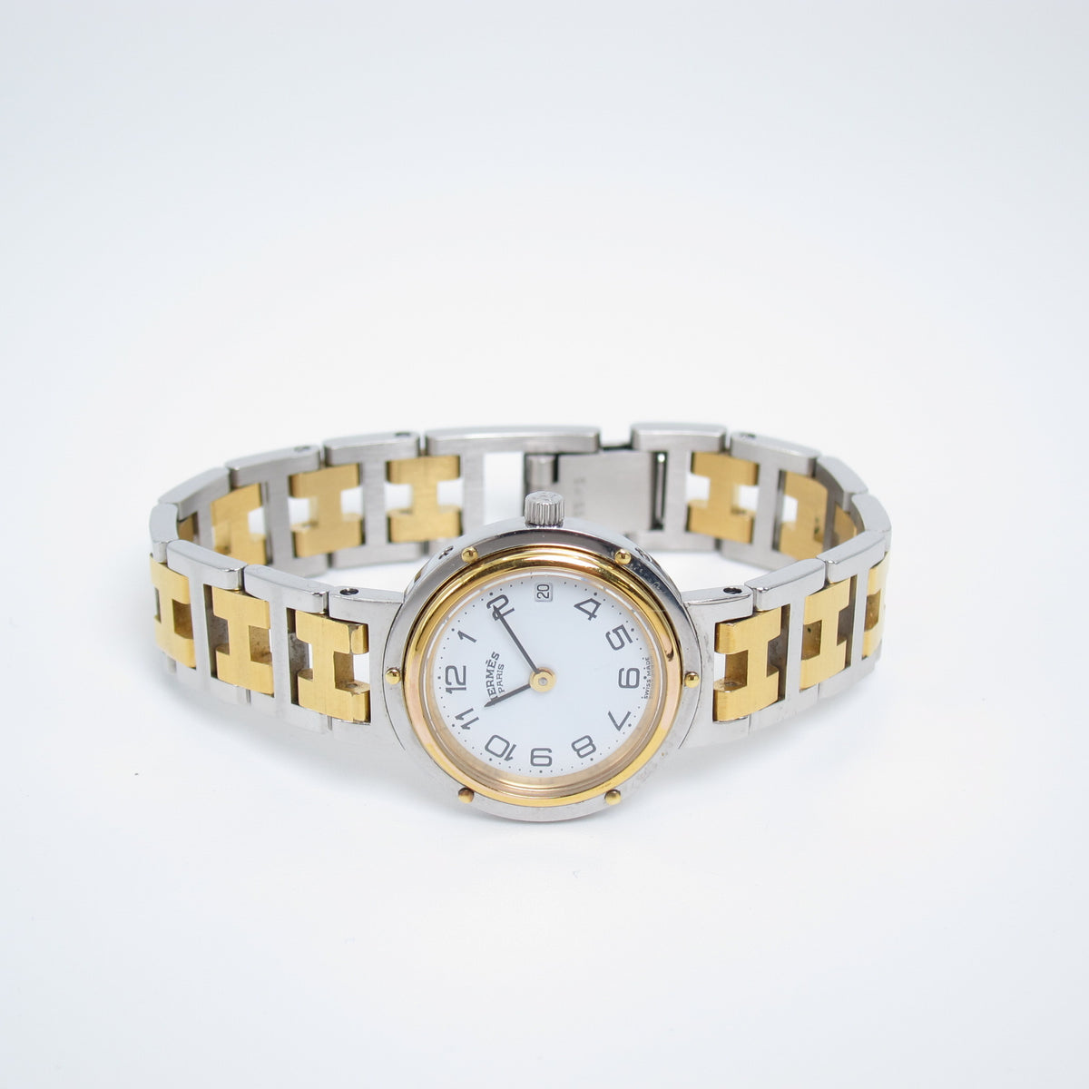 Hermes Vintage Clipper White Face with Date and H Bracelet Two Tone Watch