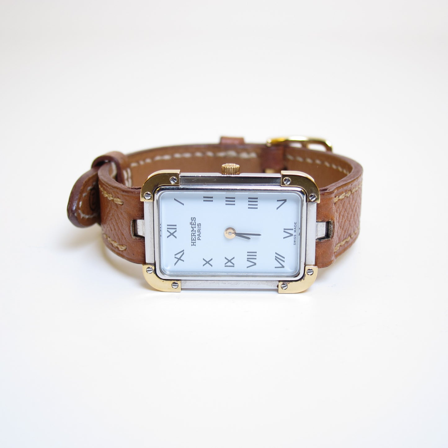 Hermes Vintage Croisière Rectangle White Face and Brown Leather Strap Watch