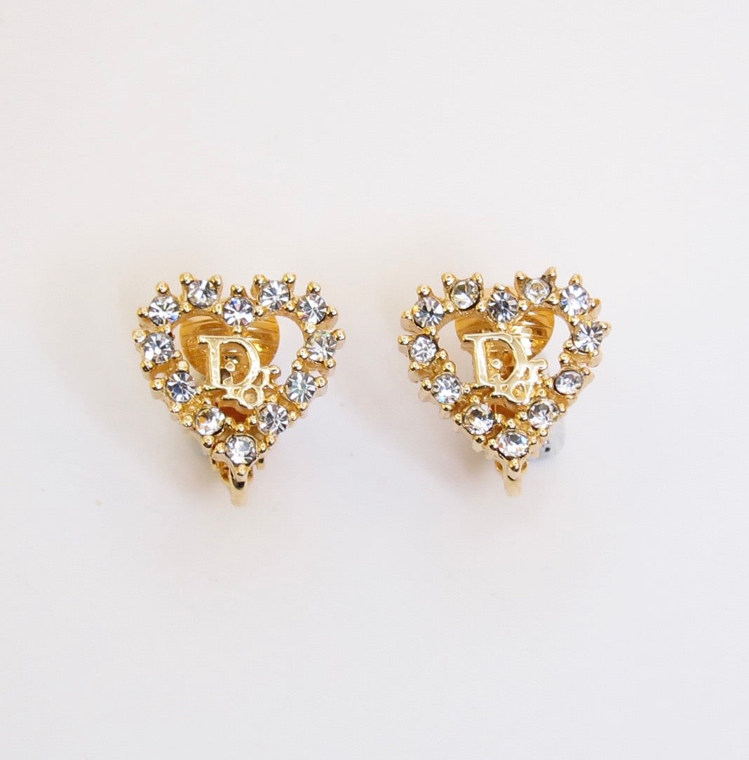 Christian Dior Vintage Dior Logo in Heart with Rhinestone Golden Clip-on Earrings