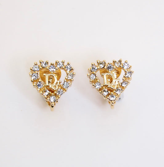 Christian Dior Vintage Dior Logo in Heart with Rhinestone Golden Clip-on Earrings