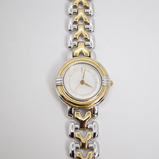 Yves Saint Laurent Vintage Gold and Silver Two Tone Watch with Y Logo Bracelet