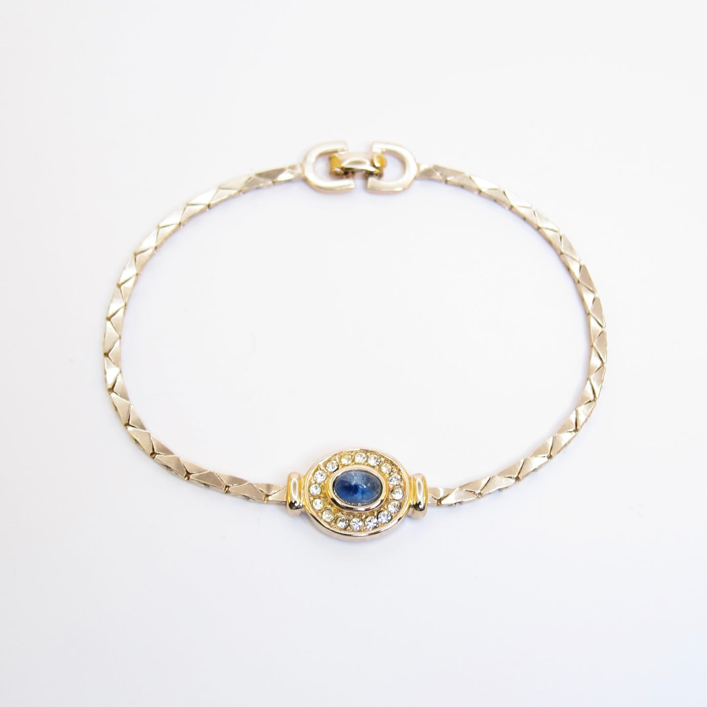Christian Dior Vintage Oval Shaped Blue Color Stone with Rhinestone Golden Bracelet
