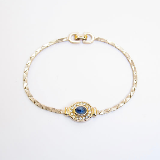 Christian Dior Vintage Oval Shaped Blue Color Stone with Rhinestone Golden Bracelet
