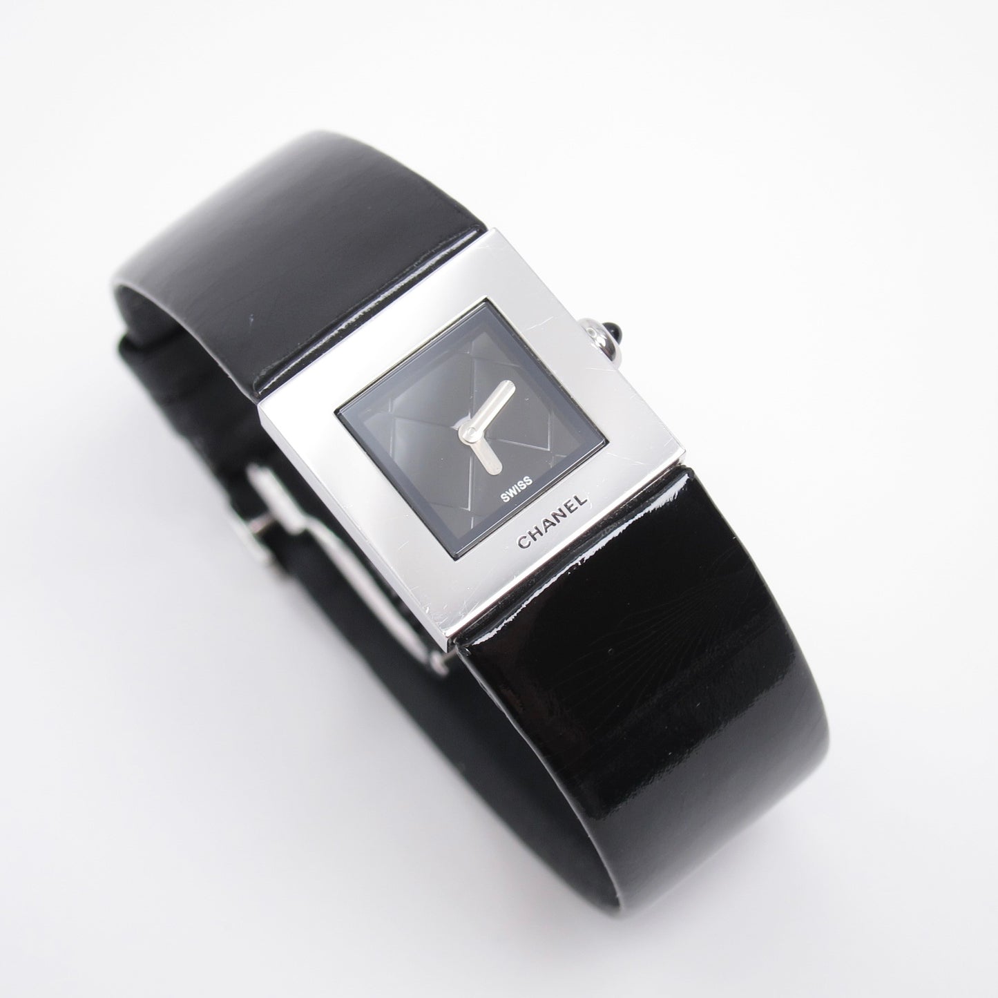 Chanel Vintage Matelasse Square Black Face with Leather Strap Watch