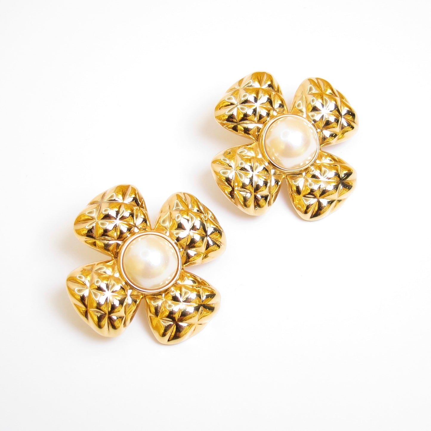 Monet Vintage Maltese Cross Pearl Golden Clip-on Earrings