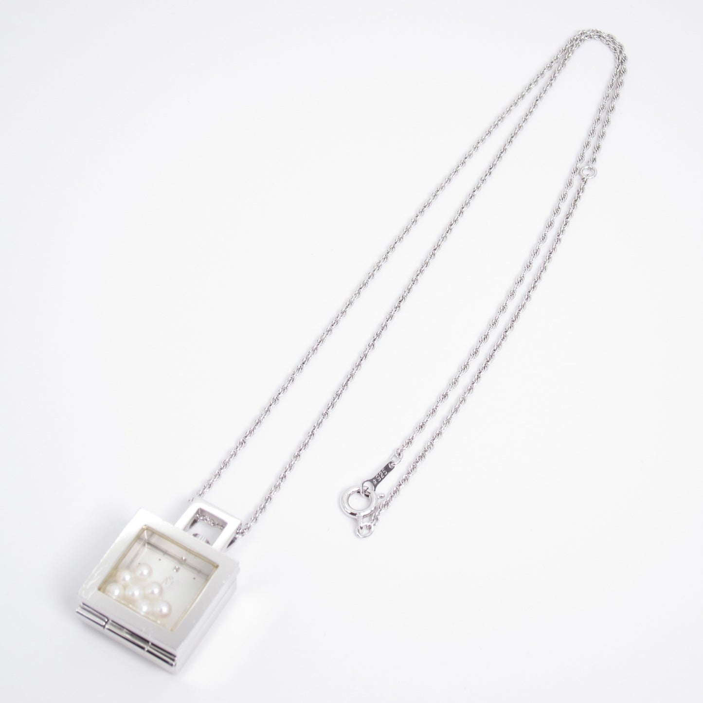 Mikimoto Vintage Square White Face Silver Pendant Watch with Pearl Box and Necklace