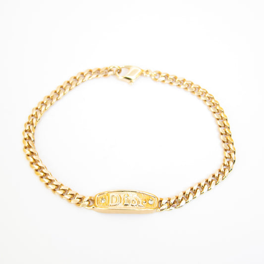Christian Dior Vintage Dior Logo and Rhinestone Golden Bracelet