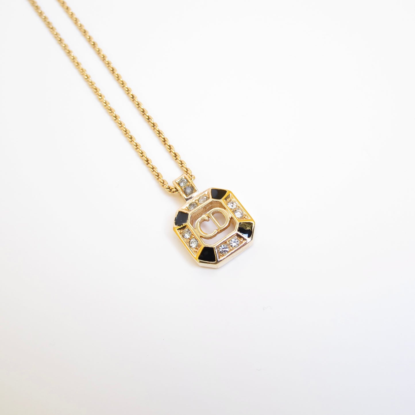 Christian Dior Vintage CD Logo in Octagon Black and Rhinestone Golden Necklace