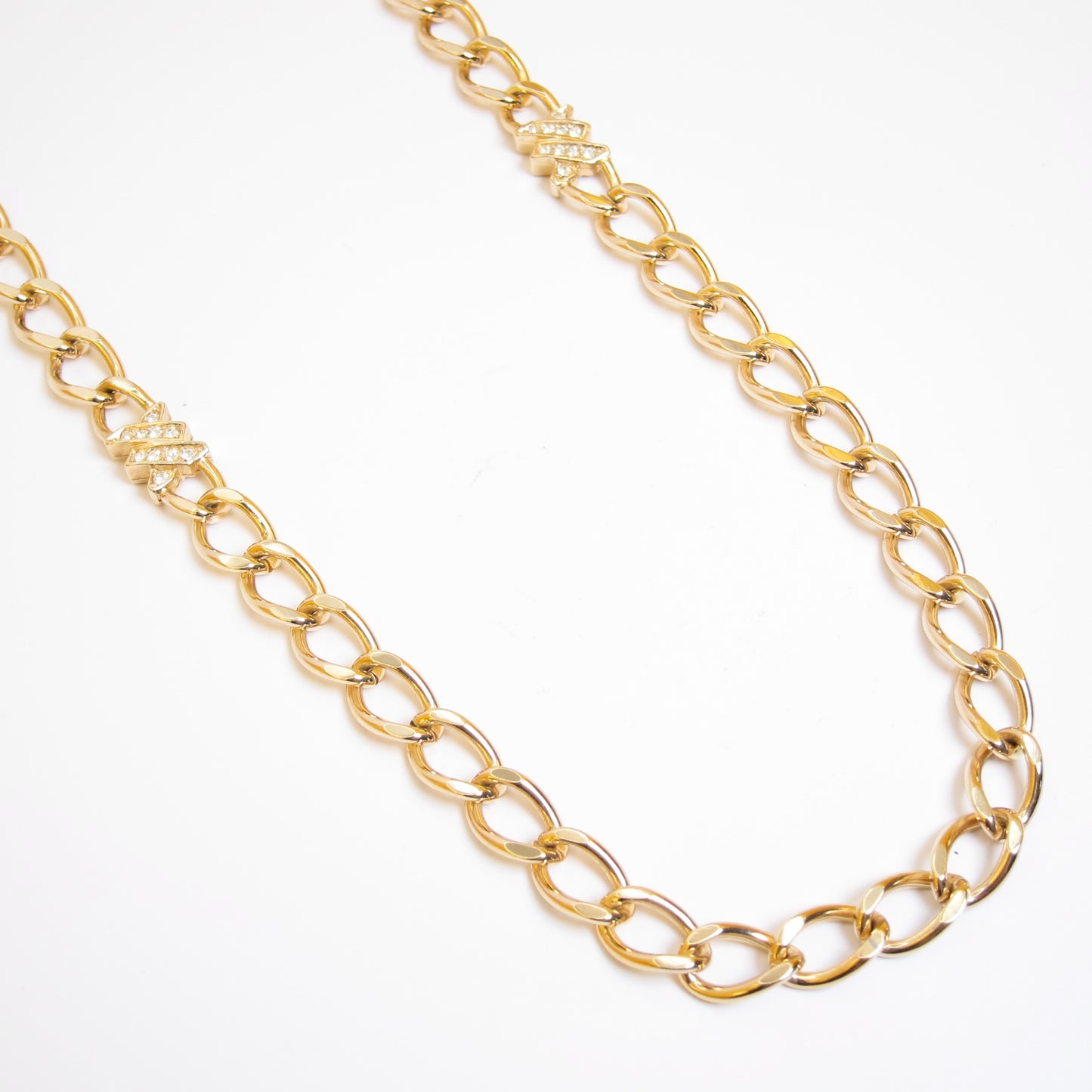 Christian Dior Vintage Stylish Chain Link and Rhinestone Golden Long Necklace