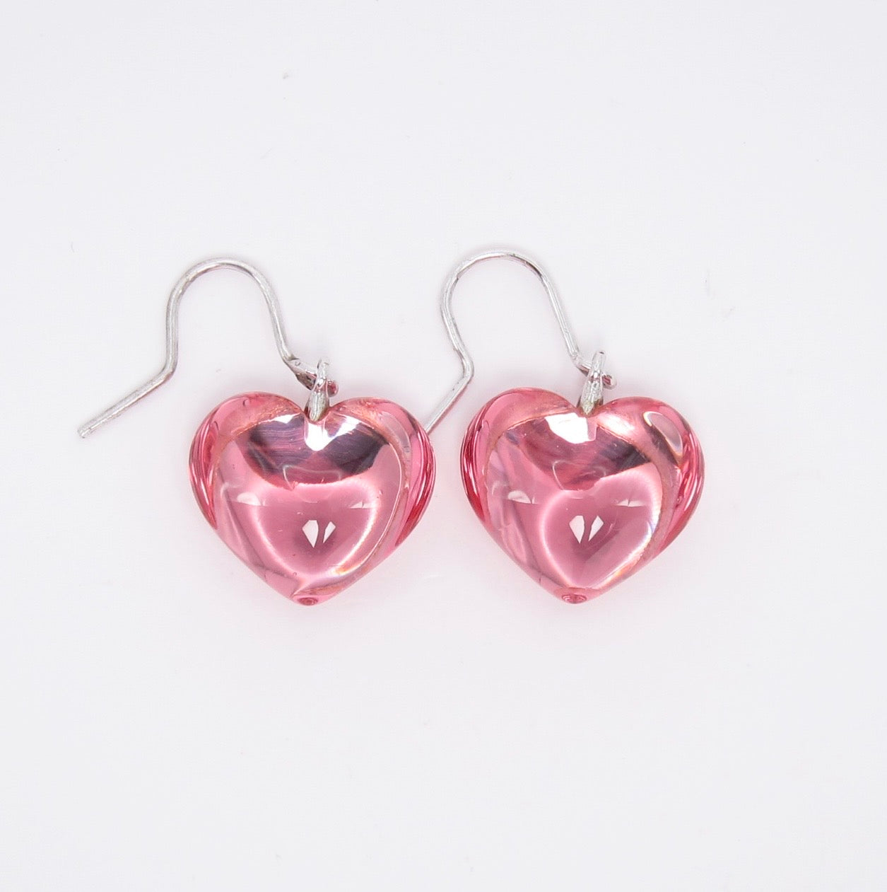 Baccarat Vintage Pink Crystal Heart 925 Silver Earrings