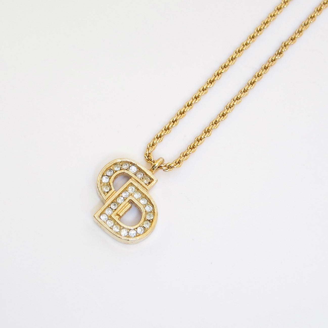Christian Dior Vintage CD Logo with Rhinestone Golden Necklace