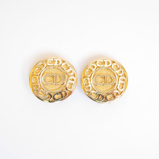 Christian Dior Vintage CD Logo Motif Round-Shaped Golden Clip-on Earrings