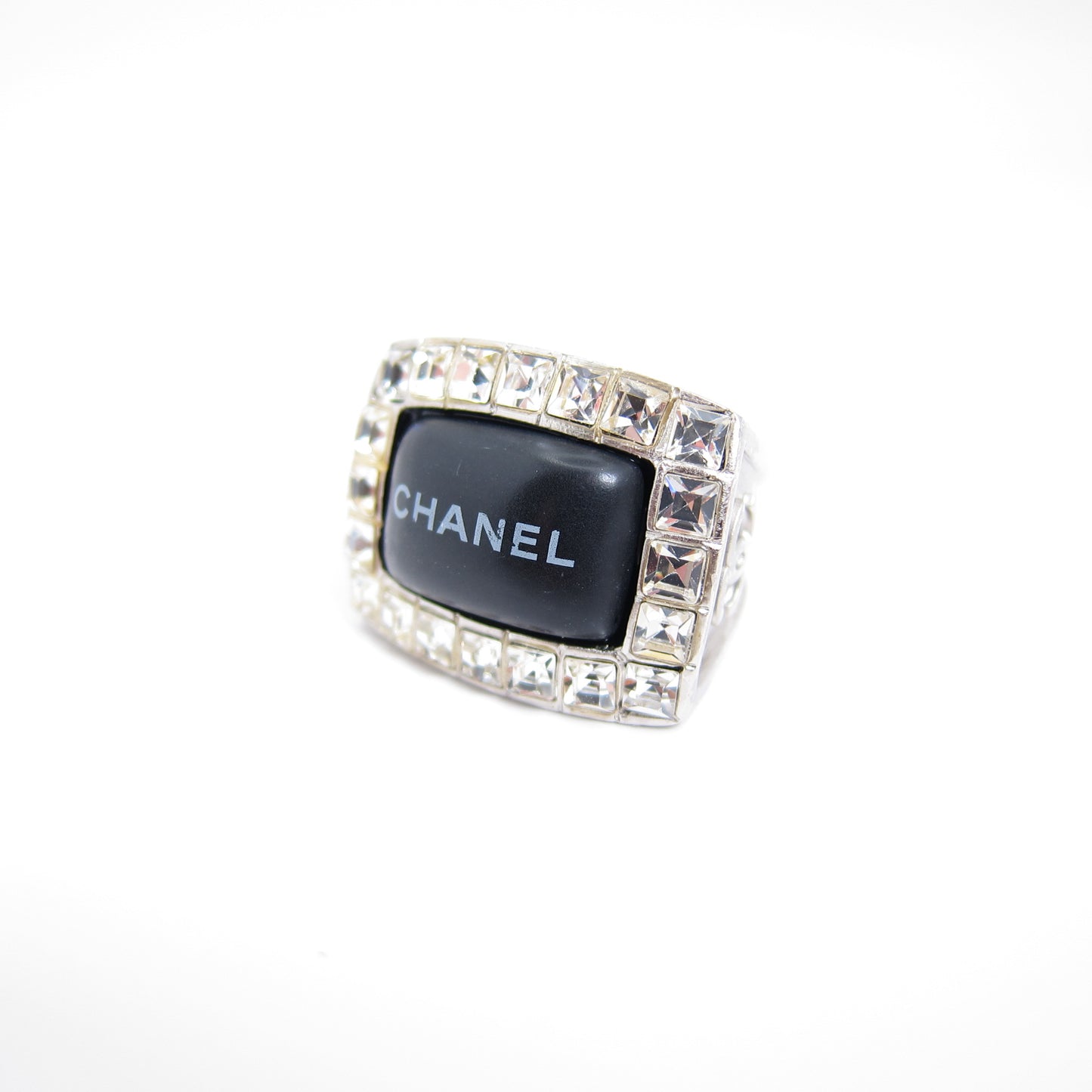 Chanel Vintage Chanel Logo Black and Rhinestone Silver Ring #13