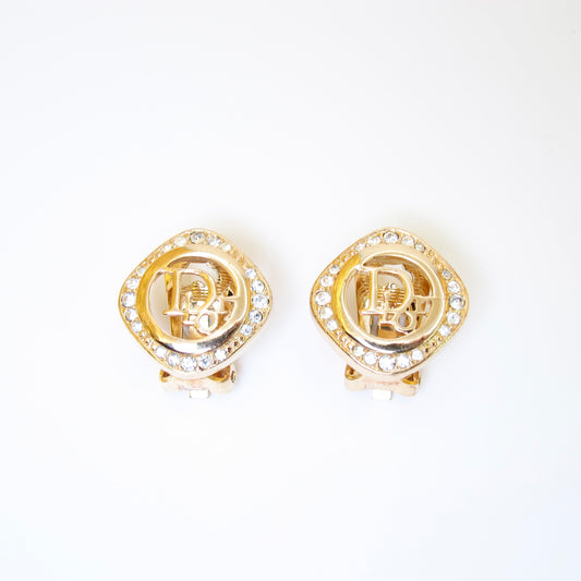 Christian Dior Vintage Dior Logo in Rhombus with Rhinestone Golden Clip-on Earrings