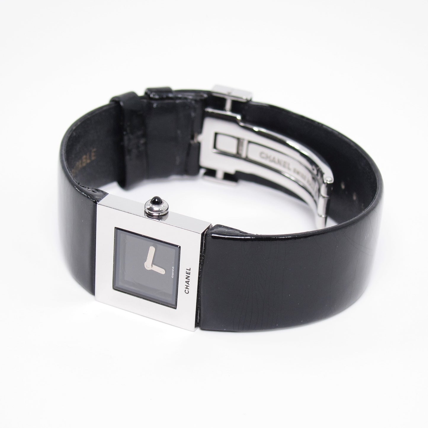 Chanel Vintage Matelasse Square Black Face with Leather Strap Watch