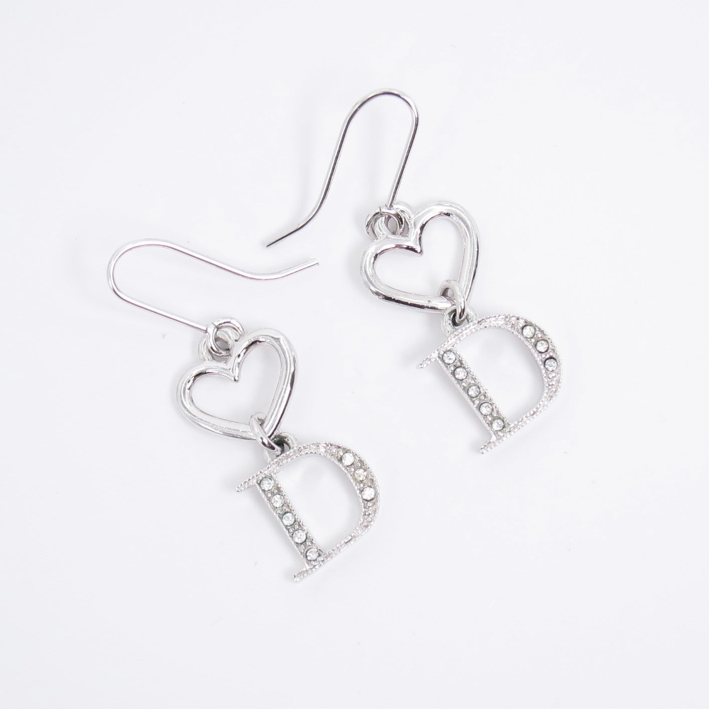 Christian Dior Vintage Heart and D Logo with Rhinestone Silver Drop Earrings
