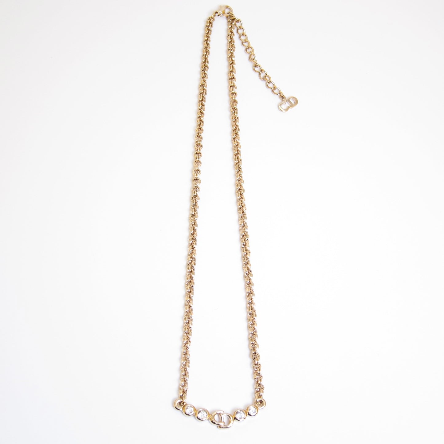 Christian Dior Vintage CD Logo and Rhinestone Golden Necklace