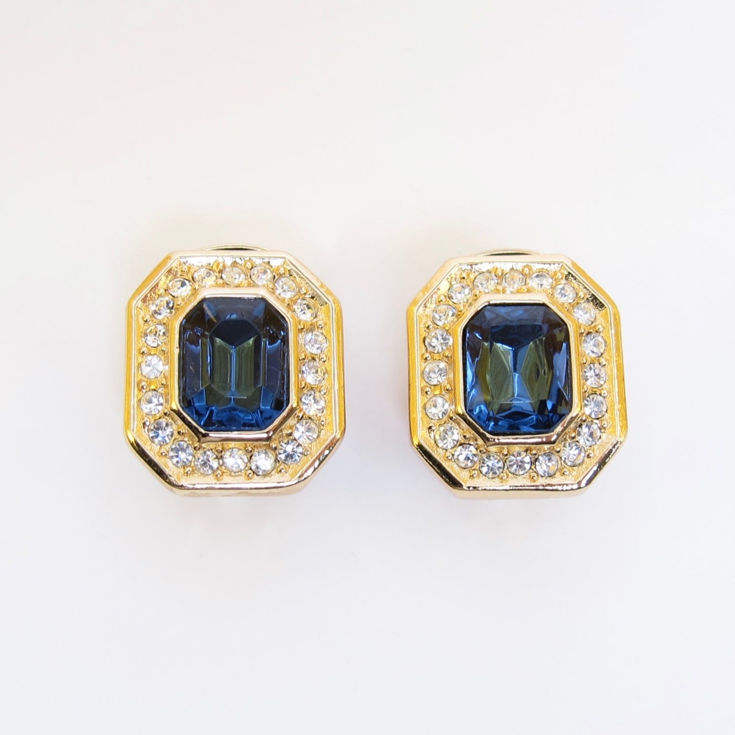 Christian Dior Vintage Octagon Blue and Rhinestone Golden Clip-on Earrings