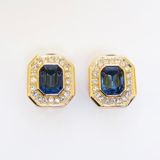Christian Dior Vintage Octagon Blue and Rhinestone Golden Clip-on Earrings