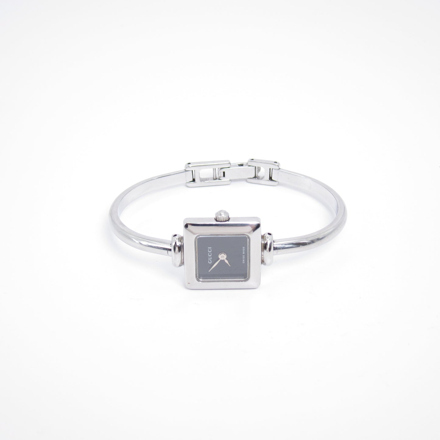 Gucci 復古方形黑色錶盤銀色手鐲腕錶