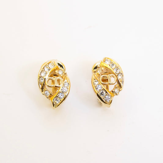 Christian Dior Vintage CD Logo and Rhinestone Golden Clip-on Earrings