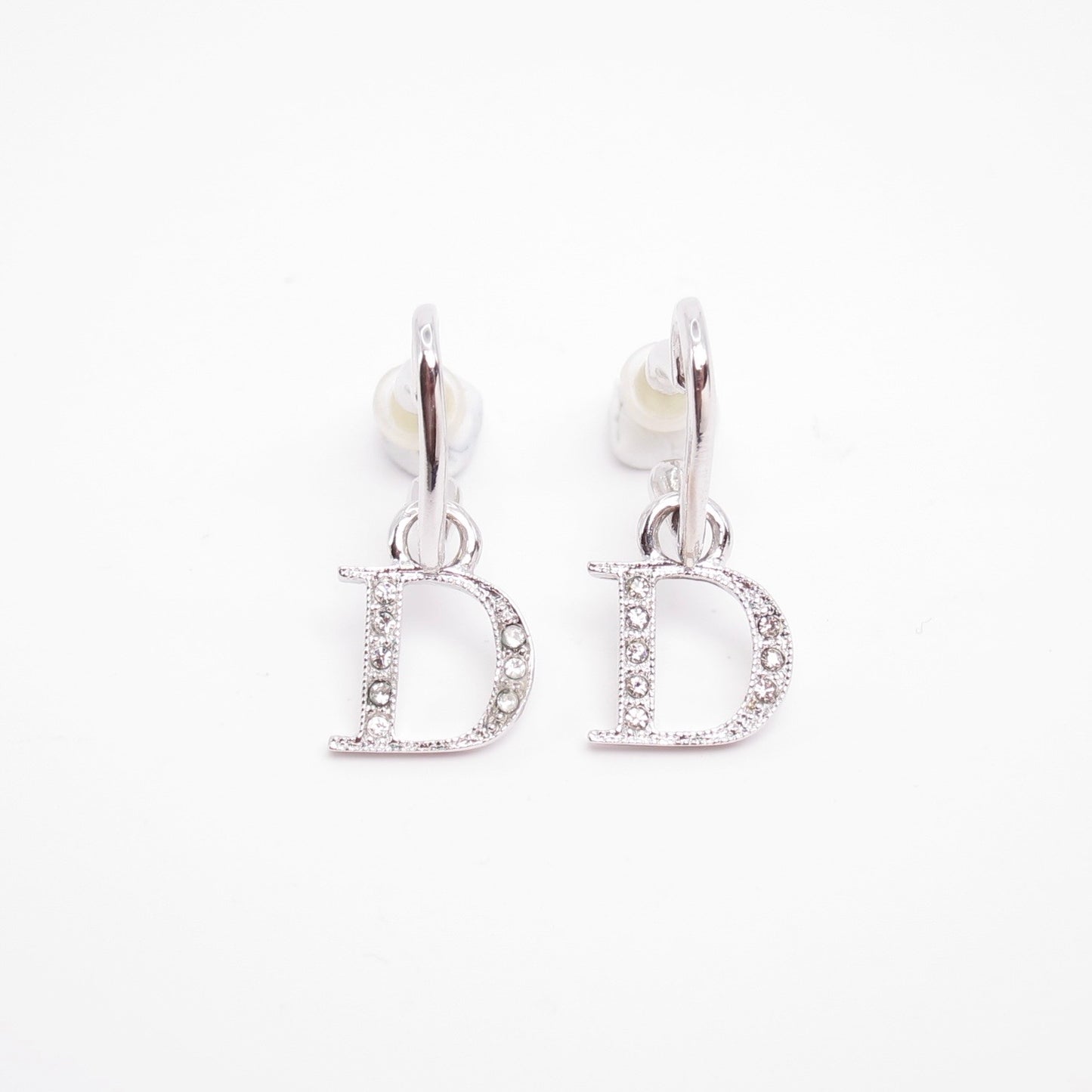 Christian Dior Vintage D Logo with Rhinestone on Heart Silver Earrings