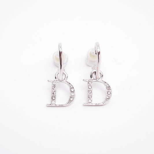 Christian Dior Vintage D Logo with Rhinestone on Heart Silver Earrings