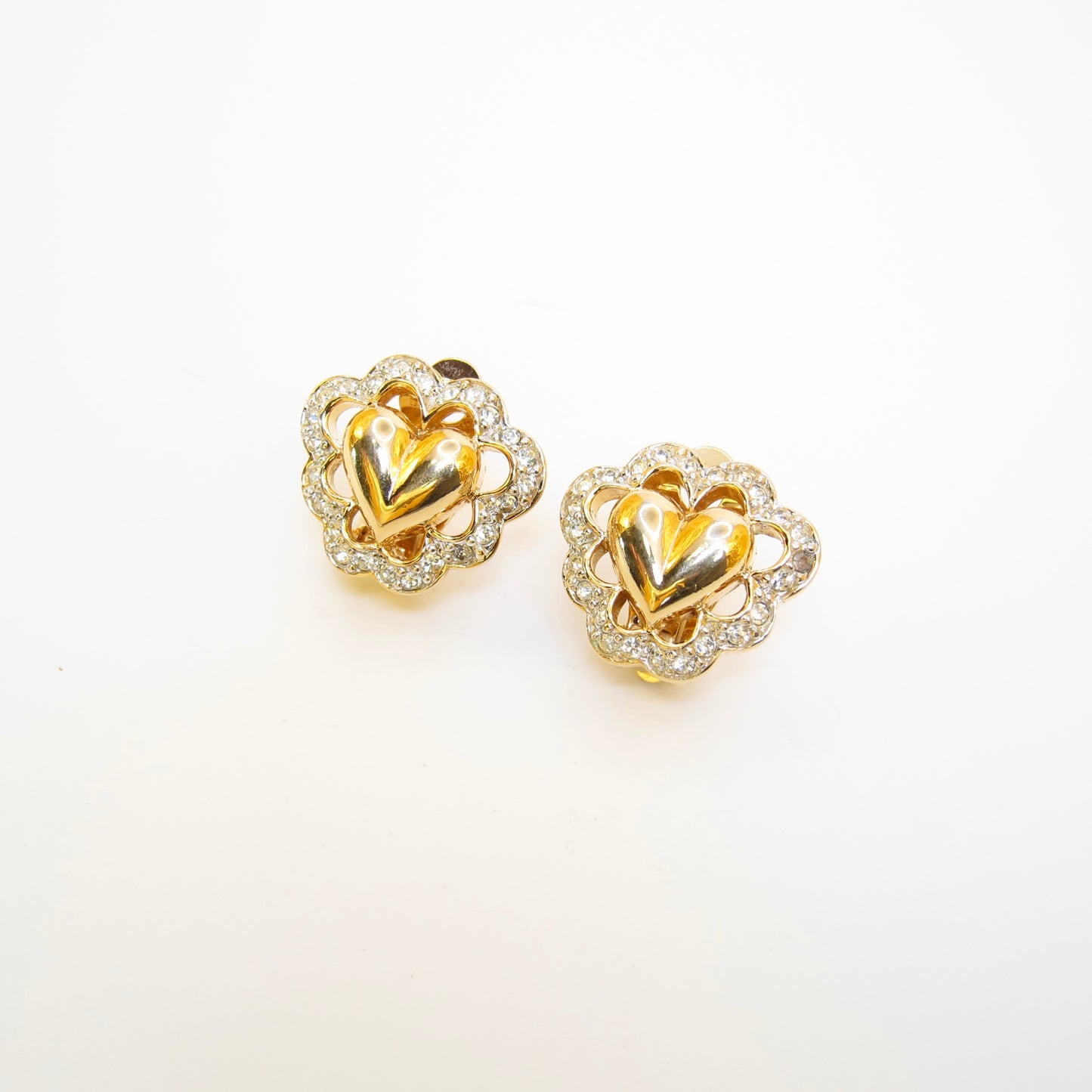 Nina Ricci Vintage Heart and Rhinestone Golden Clip-on Earrings