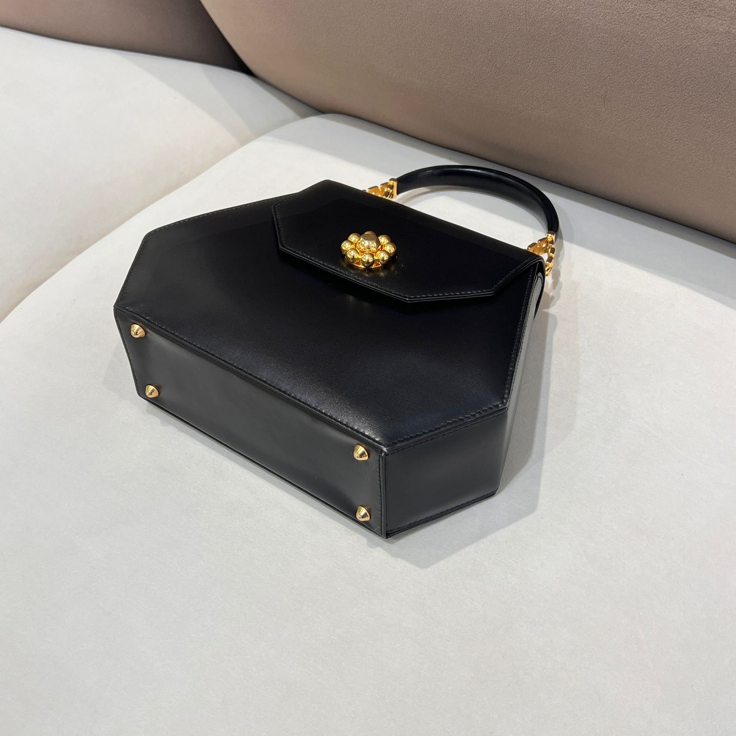 Bally Vintage Black Leather Hexagonal Top Handle Handbag