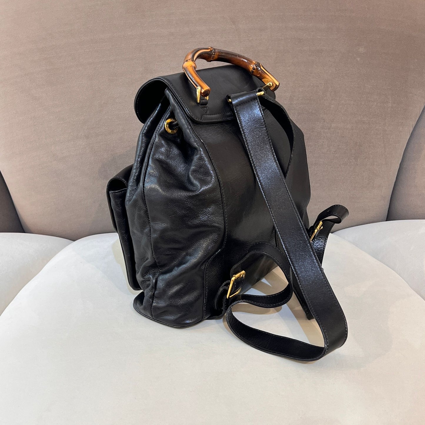 Gucci Vintage Bamboo Black Leather Backpack