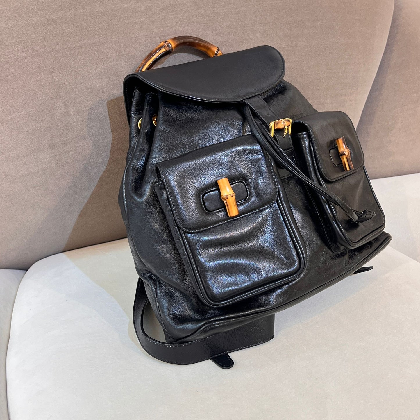 Gucci Vintage Bamboo Black Leather Backpack