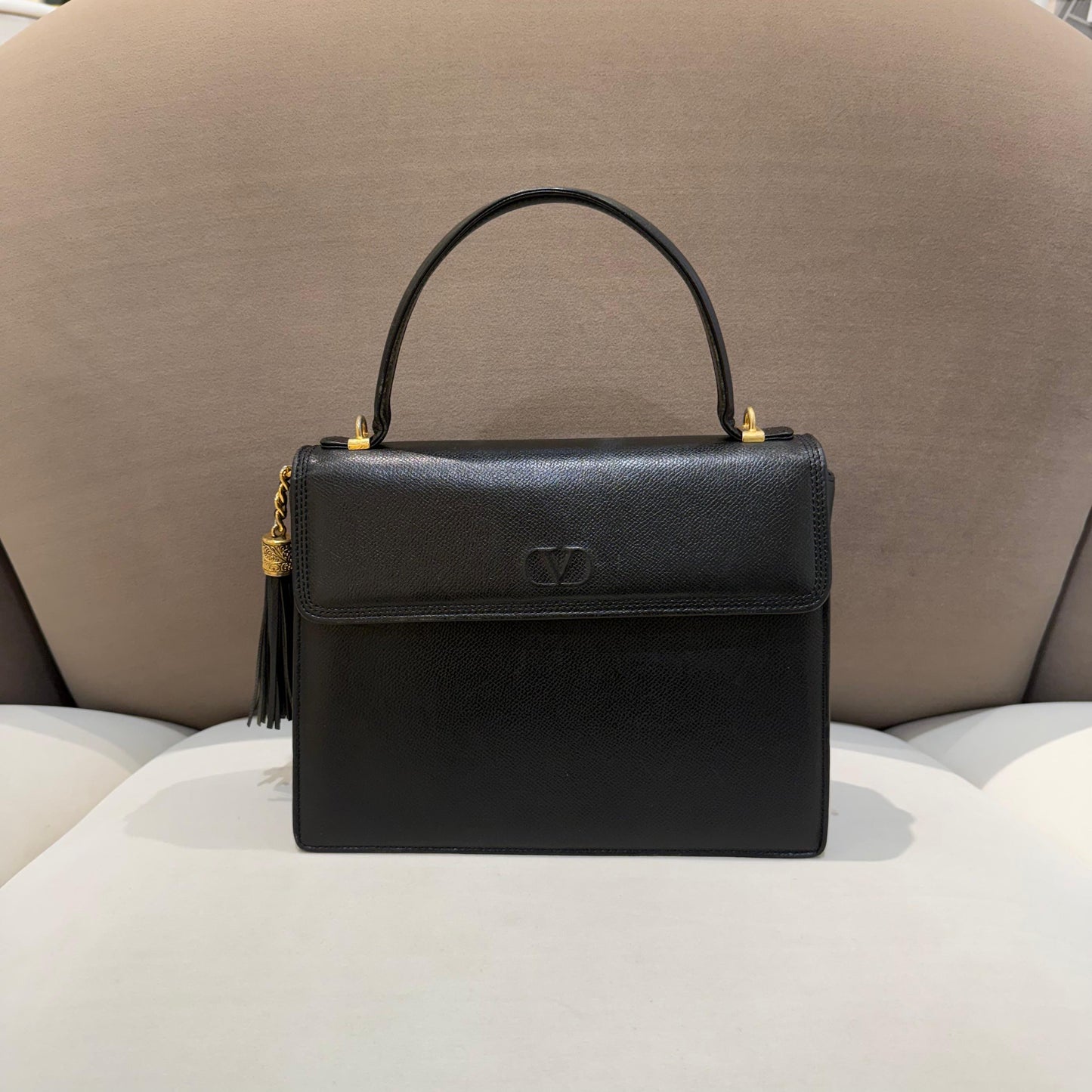 Valentino Garavani Vintage Black Leather 2-Way Top Handle Shoulder Bag