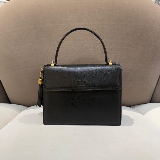 Valentino Garavani Vintage Black Leather 2-Way Top Handle Shoulder Bag