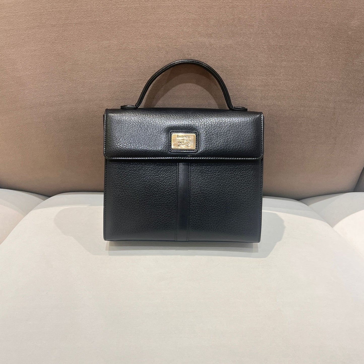Burberry Vintage Black Grained Leather Top Handle Flap Handbag