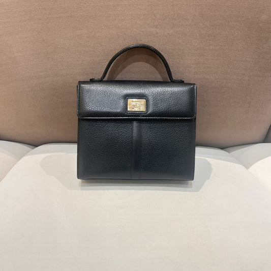 Burberry Vintage Black Grained Leather Top Handle Flap Handbag