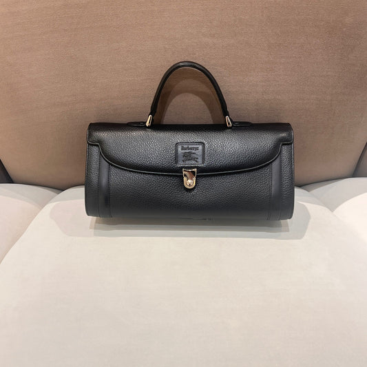 Burberry Vintage Black Grained Leather Cylindrical Top Handle Bag